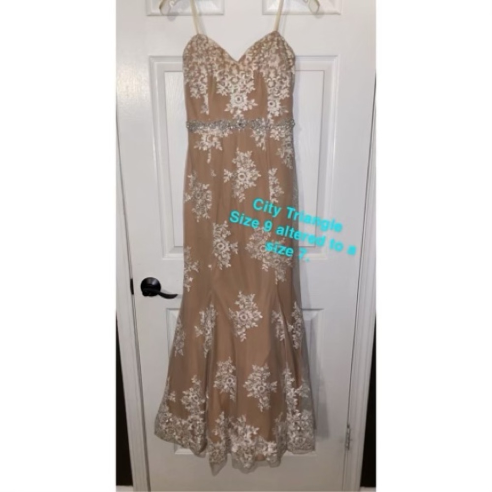 Tan with White Lace Pageant/ Prom Gown